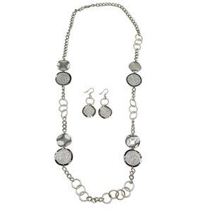 Silver-Tone Long Chain Necklace Earrings Set With Glittering Textured Discs